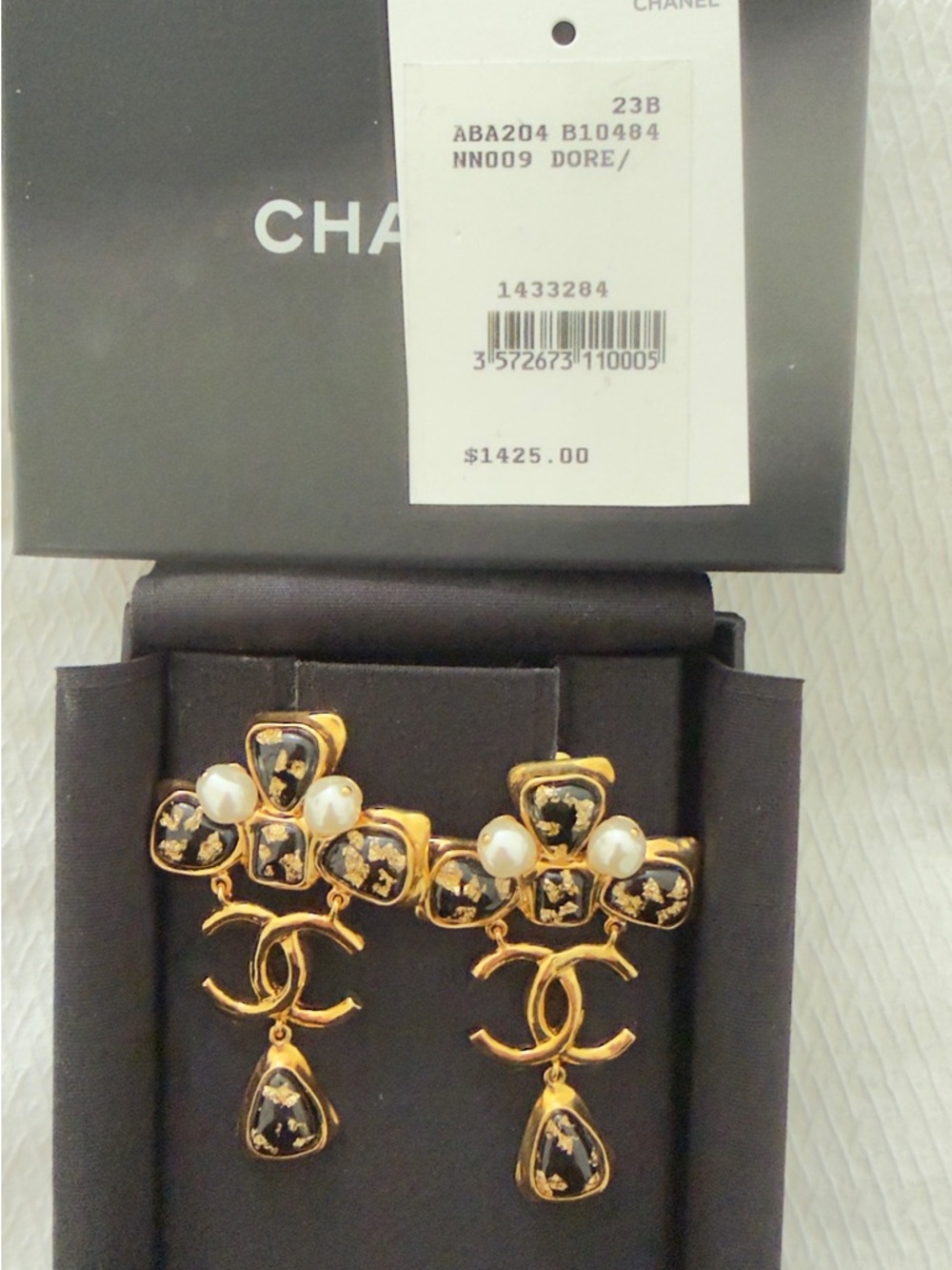 CHANEL Black and Gold Pearl Accent CC Drop Earrings - Picture 6 of 6